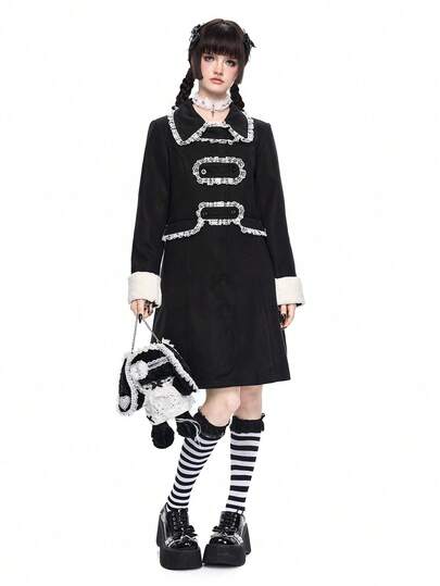 Gothic Style Fitted Lace Trim Open Front Mid-Length Wool Blend Coat