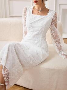 Modelyn Elegant Embroidered Waist Fitted Straight Midi Dress For Women - Pearl White - View 7