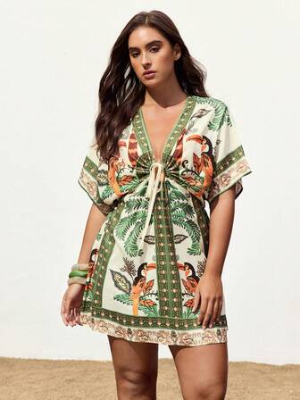 Maija Plus Size Women Green Dress  Plant Print Front Tie Batwing Sleeve Casual Dress Women Summer Sets Beach Cover Up Beach Coverup Women Resort Wear Toucan Dress Beach Dress Back To School Clothes Homecoming Modest Vintage Clothes Women Old Money Teacher Outfits For Women Romantic, Fashion, Versatile;  Comfortable,  Stylish, Elegant, Casual, , Simple Daily Wear, Essential, Solid Color, Holiday Casual, Decent, Single Lady,  Elegant Fashion Business Casual Woman Going Out Tops Graduation Outfit Going Out Tops Women Summer Dresses For Women Summer Outfit For Women