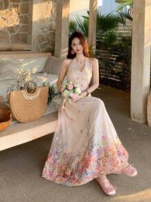 DAZY Women's Tie-Up Floral Midi Dress, Summer Holiday Style - Apricot - View 4