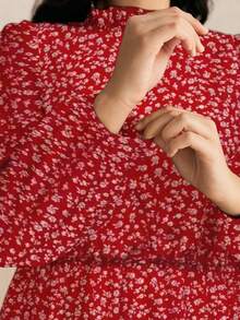 SHEIN LUNE Elegant Vintage French Style Ditsy Floral Ruffle Hem Waist Cinched Casual Dress, Suitable For Work, Autumn/Winter - Red - View 7