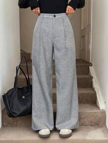 SHEIN PETITE 教师装女装灰色褶裥优雅长裤带口袋，秋冬灰色高腰阔腿裤宽松大码裤商务职业女装宽松阔腿裤秋季女装冬季女装外出下装 - 灰色 - 查看 10