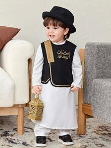 SHEIN 2件套新生男宝宝复古风可爱黑色拼接金色丝带装饰背心和白色长袍套装，适合正式场合、生日派对、锐舞派对、晚宴、表演、婚礼、迎婴派对、洗礼和一周岁生日庆祝活动。 - 彩色 - 查看 9