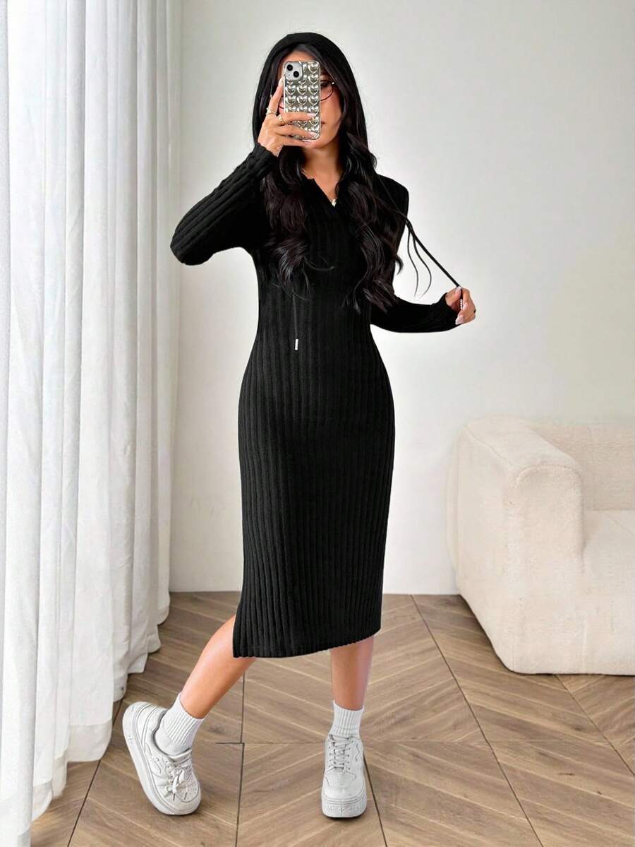 SHEIN PETITE 黑色罗纹抽绳女士中长修身连衣裙 - 黑色 - 查看 1