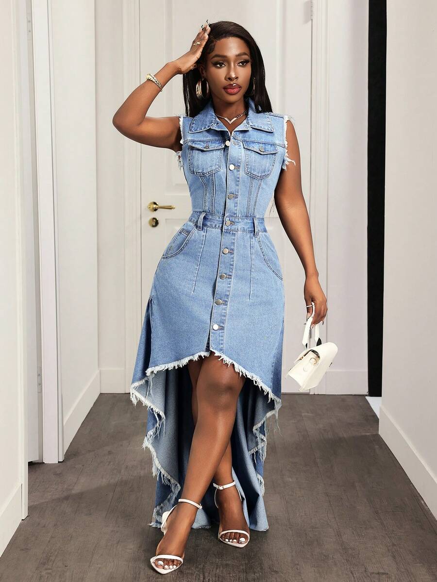 Slaydiva Women's Denim Extra Long High Slit Dress - Blue - View 1