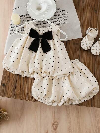 SHEIN LMoss Kids 女婴波点蝴蝶结装饰无袖上衣和短裤休闲套装