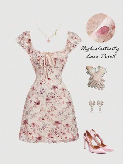 SHEIN MOD Apricot Floral Print Lace Fabric Mini Dress With Ruffles And Bow – Cute Vintage Romantic Court Style, Perfect For Date, Party, Prom, Festival, And Birthday Wear Short Floral Dress