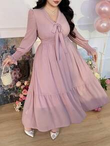 CovetEZ Đầm voan màu hồng lãng mạn cỡ lớn dành cho mùa xuân/hè, trang trí nơ, kèm chân váy cỡ lớn. - Hồng - Xem 1