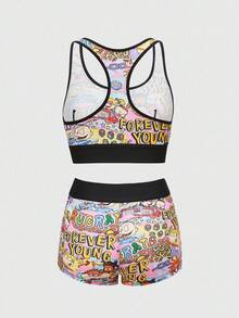 Nick 90's X ROMWE 卡通图案圆领文胸和平角内裤套装 - 粉色 - 查看 2