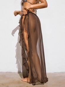 Avantive Áo choàng sarong dáng suông, màu nâu, hơi xuyên thấu, viền bèo nhún, buộc dây bên hông, thích hợp cho kỳ nghỉ năm 2026. - màu nâu - Xem 3