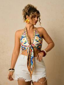Travachic 大码女式印花露背吊带休闲上衣，适合度假、春夏、海滩、复活节、春假、音乐会、波西米亚风、音乐节、热带度假、复古等场合，优雅女式上衣。 - 彩色 - 查看 3