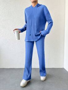 EURMUSE Cotton Women's Drawstring Hooded T-Shirt And Pants Set - Dusty Blue - View 4