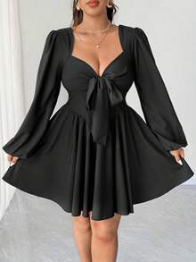 SHEIN CURVE+ 大码女士性感系带露背镂空黑色迷你连衣裙，秋季款 - 黑色 - 查看 7