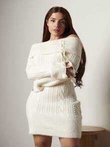 Lupita Cardoza Off Shoulder Fuzzy Ball Pendant Decor Women Himekaji Sweater Party Dress For New Year, Valentine's Day - Beige - View 1