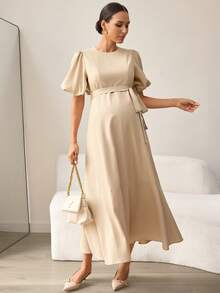 MaterniWear Maternity Clothes Maternity Dress Elegant Office Attire For Commuting Summer Khaki Round Neck Short Puff Sleeve Belted Waist Elegant Cotton Dress - Apricot - View 4