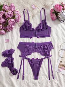 SHEIN 5件套女士性感内衣套装，包括蕾丝睫毛、钢圈、蝴蝶结装饰和及膝渔网袜 - 紫色 - 查看 2