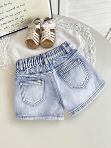 SHEIN Girls Beaded Denim Shorts, Fashionable & Versatile - Medium Wash - View 4