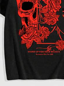 ROMWE MEN Goth Spring/Summer Casual Graphic Men'S Casual Skull & Floral Print Round Neck Short Sleeve T-Shirt, Summer - Black - View 5