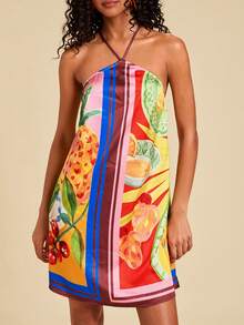 Travachic Vestido de vacaciones con estampado de frutas tropicales, sin espalda y con cuello halter - Multicolor - Ver 3