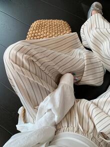 DAZY Women's Casual Loose Striped Wide Leg Pants, Spring/Summer, Korean Style - Beige - View 6