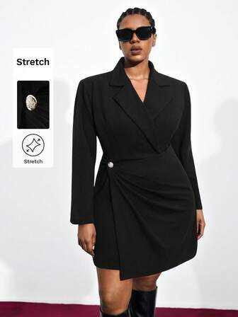 Maija Plus Size Women's Black Lapel Deep V Waist Design Pleated Urban Office Suit Dress Romantic, Fashion, Versatile; Comfortable, Stylish, Elegant, Casual, , Simple Daily Wear, Essential, Solid Color, Holiday Casual, Decent, Single Lady, Elegant Fashion Business Casual Woman Going Out Tops Women Business Casual Woman Fall Clothes Plus Size Date Night Outfits Women Business Casual Woman Curve Christmas Halloween Mexican African Blazer Dress Tuxedo Dress Women Wrap Dress Twist Front Dress/Fall/Winter