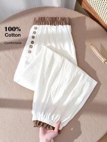 Rusticease Plus Size Women's Fall/Early Spring Casual Fashion Vacation Vintage Casual Country Patchwork Contrast Color Ruffle Button Decor White Pants With Pockets, , Plus Size  Suitable For Early Spring, Going Outs,2026 New ,Simple And Fashionable For Everyday Wear, White Beach Pants, Women Summer Pants, Vacations Women ,Holidays For Women, Spring Women, Valentine's Day ,Valentines For Women, - White - View 9