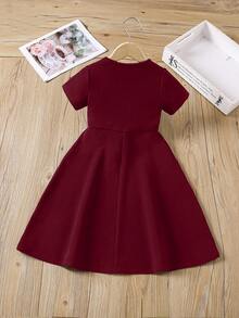 SHEIN Young Girl Elegant & Casual Round Neck Pullover Split Design Mid-Length Dress - Burgundy - View 3