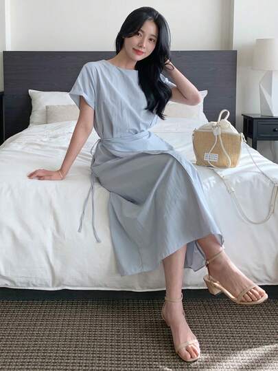 DAZY Women's Casual Everyday Office Commute Solid Color Wrap Tie Waist Short Sleeve Dress, Summer