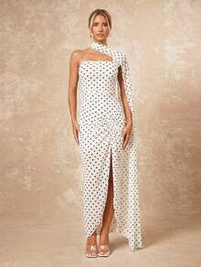 Lumalex Women's Elegant White Base Black Dot Sexy Strapless Ruched Slit Design Sleeveless Fitted Flared Dress, Spring/Summer - Black and White - View 4