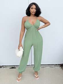 Alexandranx Women's Summer Halter Neck Backless Pocket Jumpsuit - Green - View 1
