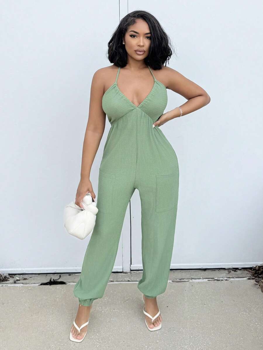 Alexandranx Women's Summer Halter Neck Backless Pocket Jumpsuit - Green - View 1