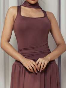 Criza Taa Robe longue asymétrique froncée marron sans manches avec épaules dénudées, tenues d'anniversaire pour femmes, tenues de soirée, robe d'invitée de mariage, tenue de concert, vêtements de rentrée scolaire, vêtements de début d'automne - Café - Voir 6