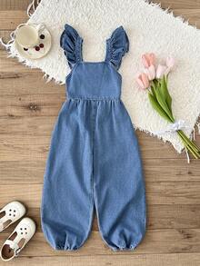 LMoss Kids 女童牛仔连体裤，饰有3D蝴蝶结和荷叶袖，蓝色 - 淺色水洗藍 - 查看 2