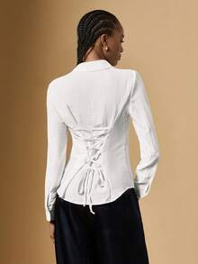 Briarwyn Áo sơ mi dài tay dáng ôm, cài nút phía trước, thắt eo, thích hợp cho mùa thu/đông, thêu logo nhỏ - Nhiều màu - Xem 2