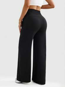 With My Calm Damskie spodnie do jogi z szerokimi nogawkami i kieszeniami bocznymi, z patchworkowym pasem, odpowiednie do uprawiania sportu, na zewnątrz i na siłownię - Czarne - Zobacz 4