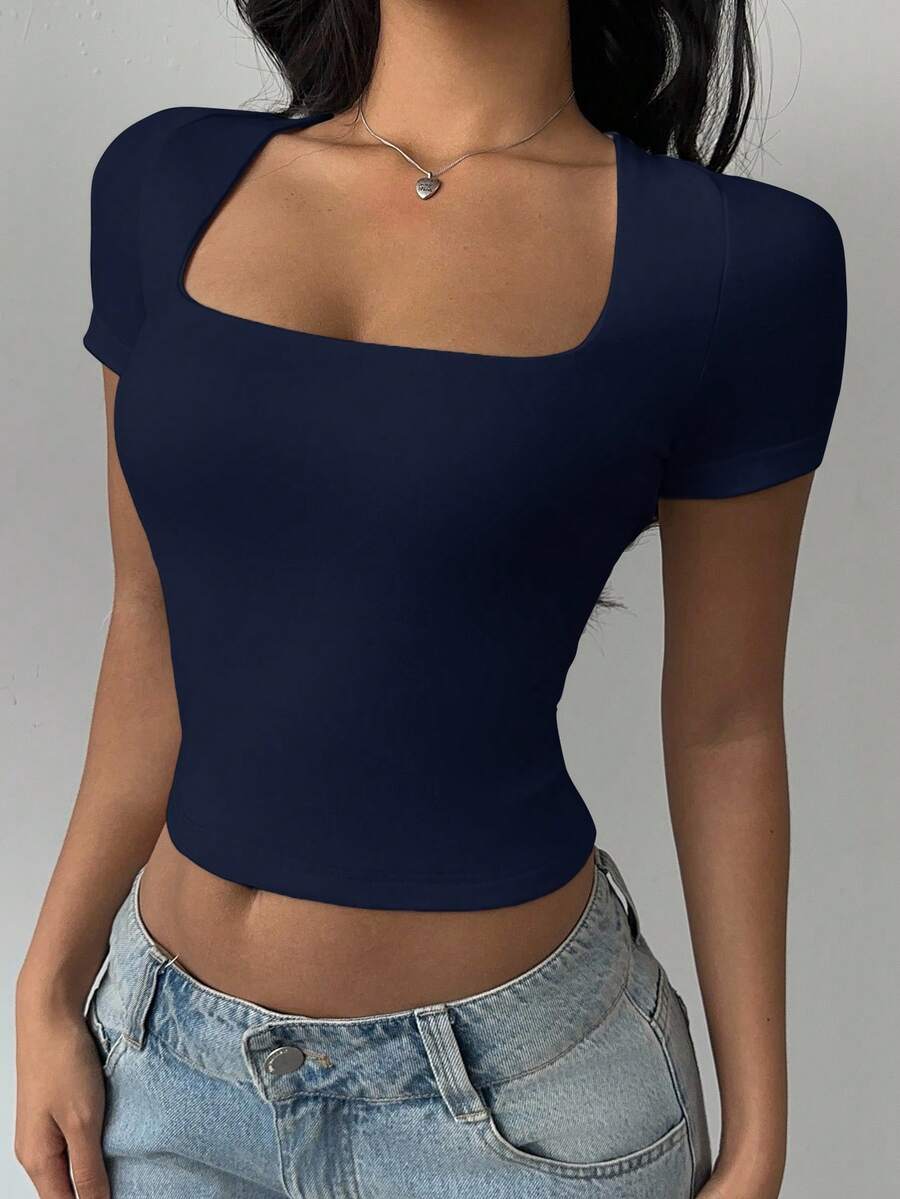 SHEIN BASICS Women's Navy Blue Square Neck Rib-Knit Top Casual Short Sleeve Regular Length Summer Tops