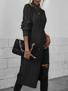 EMERY ROSE Casual Solid Color Stand Collar High Slit Sweater, Autumn/Winter - Black - View 4