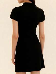 Glimmora Women's Letter Embroidered Polo Collar Short Sleeve Casual Dress - Black - View 2
