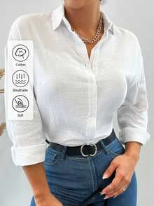 EURMUSE 100%纯棉 100%纯棉落肩纯色长款衬衫 夏季上衣 度假服装