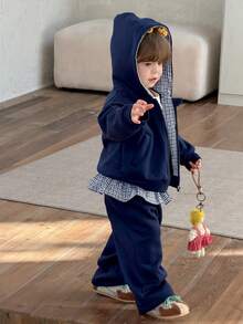 DAZY Baby Girl Fashion Plaid Patchwork Hoodie Sweatshirt & Pants Set, Casual Outfit Toddler Girls Clothes - Navy Blue - View 4