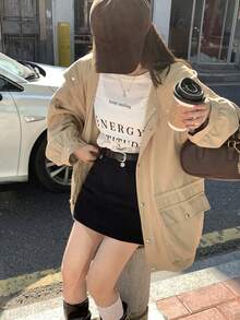DAZY 女款純色韓式休閒風大口袋風衣，適合春秋校園穿搭 - 卡其色 - 查看 3