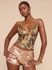 SHEIN BAE Leopard Tie Dye Pattern Beaded Collar Camisole Top, Vacation Wear, Sexy Top,, Music Festivals Top,Summer Tops,Carnival Women ,Elegant Women's Blouses,Vacation Outfits Women,Y2K Tops, Sequin Top