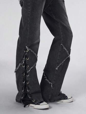 Street Life Men's High Waist Casual Fashion Versatile Tie-Up Black Straight Leg Jeans