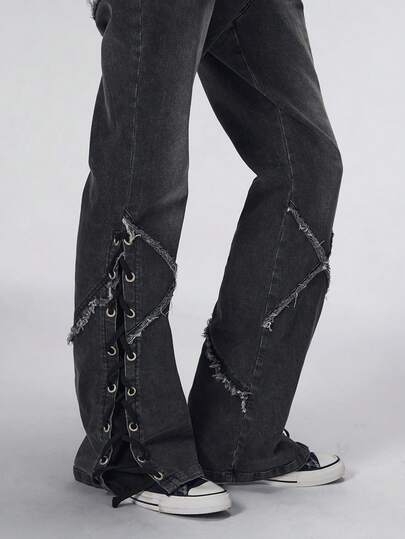 Street Life Jeans neri casual da uomo a vita alta, versatili, con laccio, gamba dritta