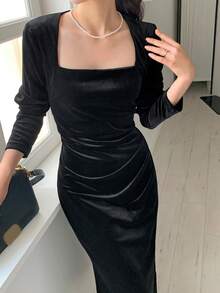 DAZY 女士方领修身丝绒中长连衣裙，优雅正式场合吊带裙 - 黑色 - 查看 3