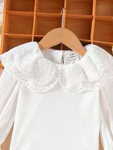 SHEIN Vintaside Kids 女婴双层蕾丝领罗纹长袖上衣，秋冬新款，舒适、时尚、优雅、甜美、百搭内搭 - 白色 - 查看 5