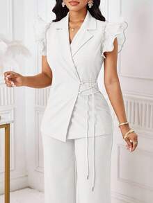 SHEIN Lady Conjunto de traje de mujer con blazer de manga con volantes rosa y pantalones elásticos de cintura alta para otoño/invierno - Blanco - Ver 7