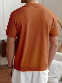 RivetRise Men's Striped Short Sleeve Loose Casual Half-Zip Knit Sweater Men Knit Shirt Men Buttoned Knitted Polo Rust Color Men's Shirt Brown Tops For Men Polo Shirts For Men Collar - Coral Orange - View 2