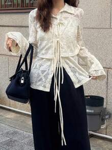 FRIFUL Ensemble 2 pièces chemise ample et débardeur pour femmes, tissu texturé avec nœud papillon décoratif à l'avant - Beige - Voir 6