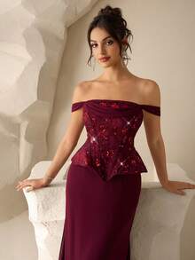Coutiva Elegant Sequin Embellished Off-Shoulder Dress, High-End Party Gown - Burgundy - View 6